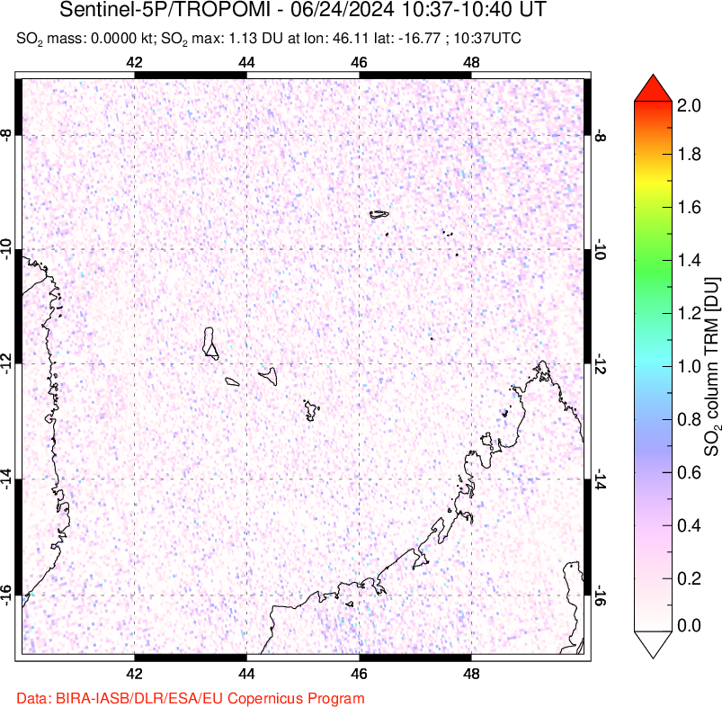 A sulfur dioxide image over Comoro Islands on Jun 24, 2024.