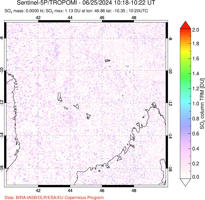 A sulfur dioxide image over Comoro Islands on Jun 25, 2024.