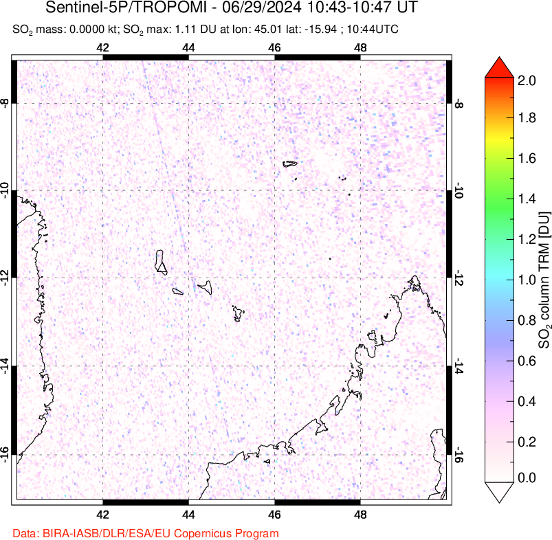 A sulfur dioxide image over Comoro Islands on Jun 29, 2024.