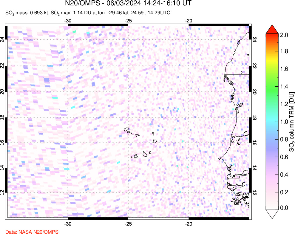 A sulfur dioxide image over Cape Verde Islands on Jun 03, 2024.