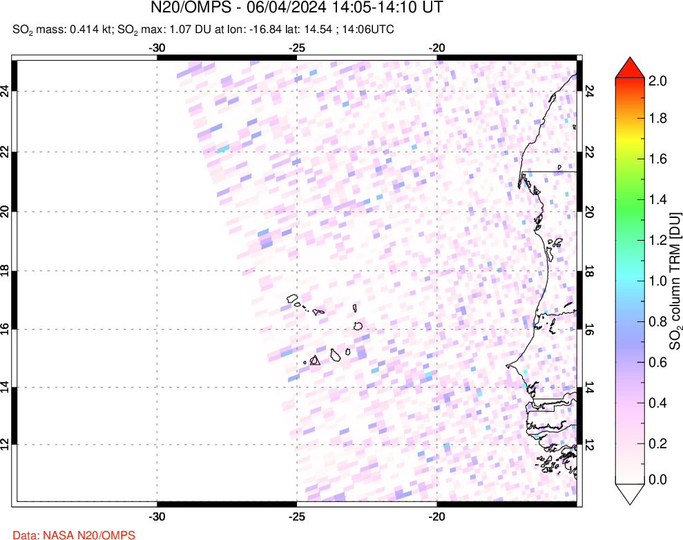 A sulfur dioxide image over Cape Verde Islands on Jun 04, 2024.