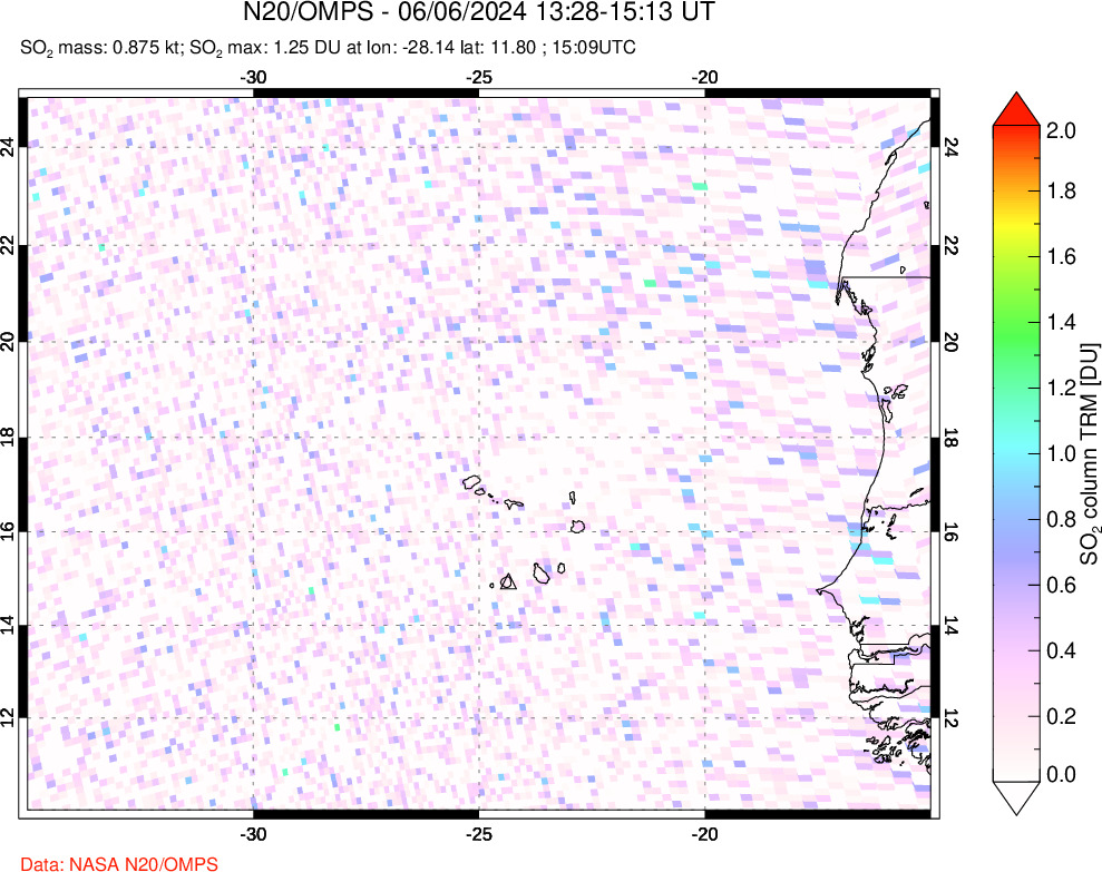 A sulfur dioxide image over Cape Verde Islands on Jun 06, 2024.