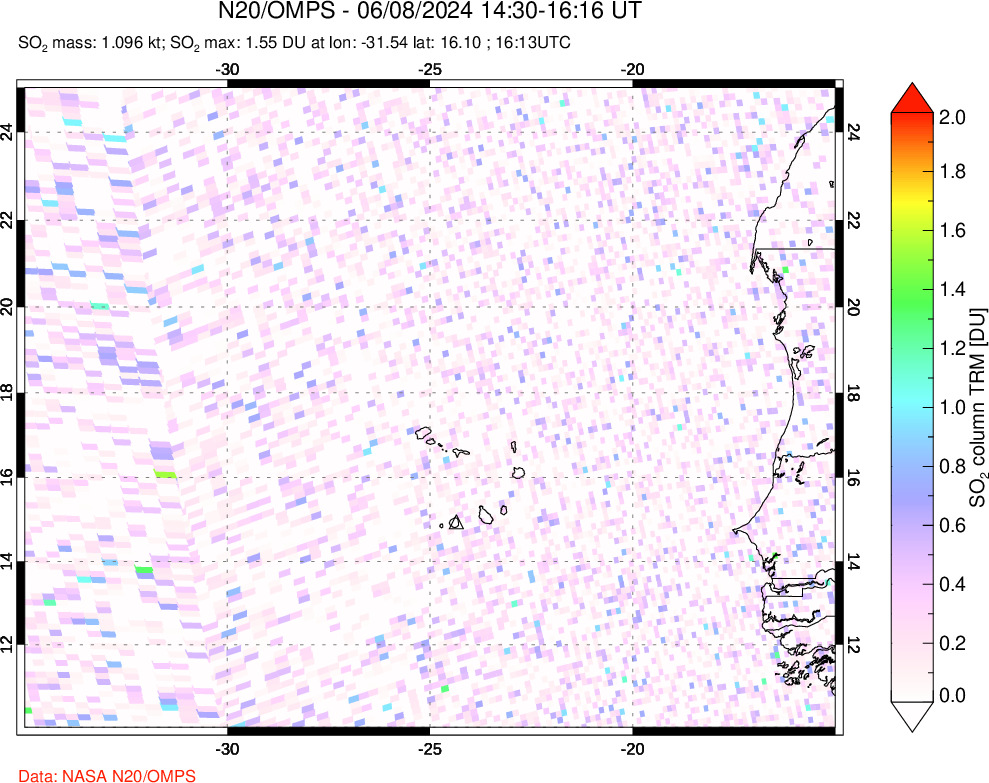 A sulfur dioxide image over Cape Verde Islands on Jun 08, 2024.