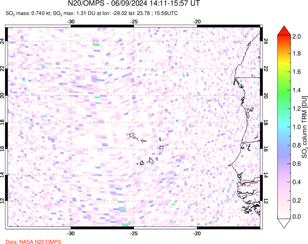 A sulfur dioxide image over Cape Verde Islands on Jun 09, 2024.