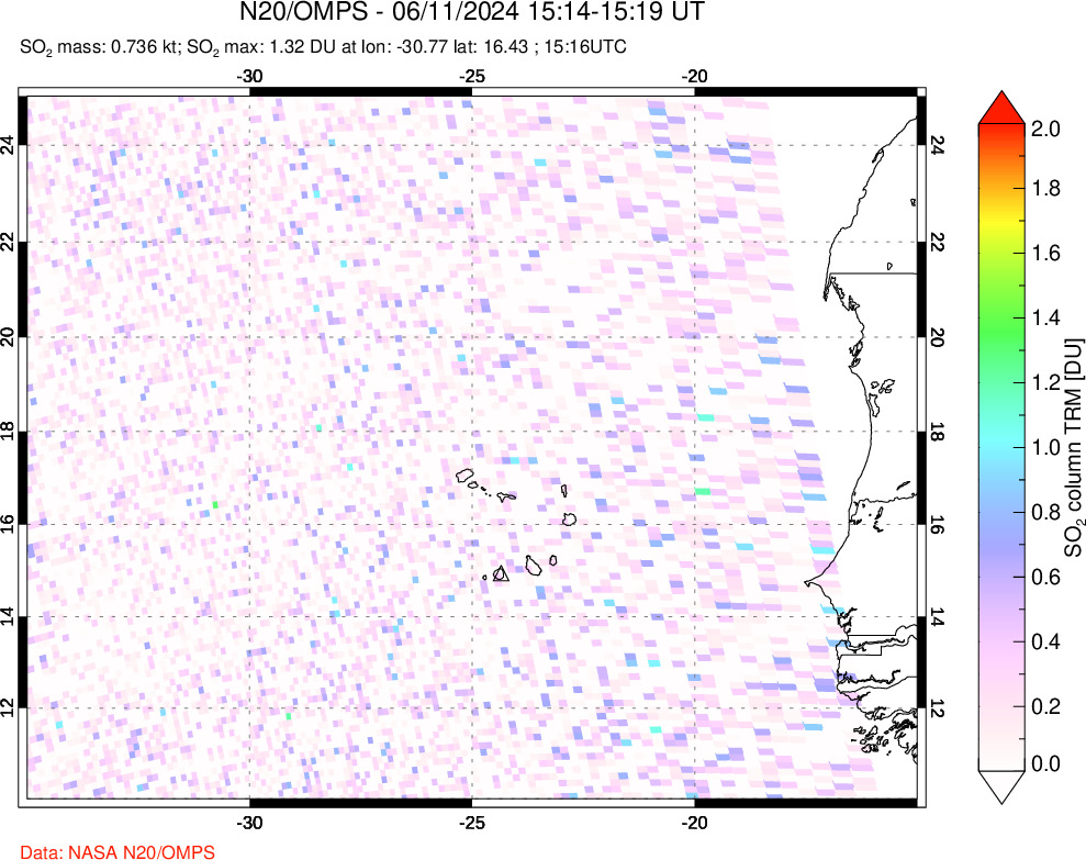 A sulfur dioxide image over Cape Verde Islands on Jun 11, 2024.