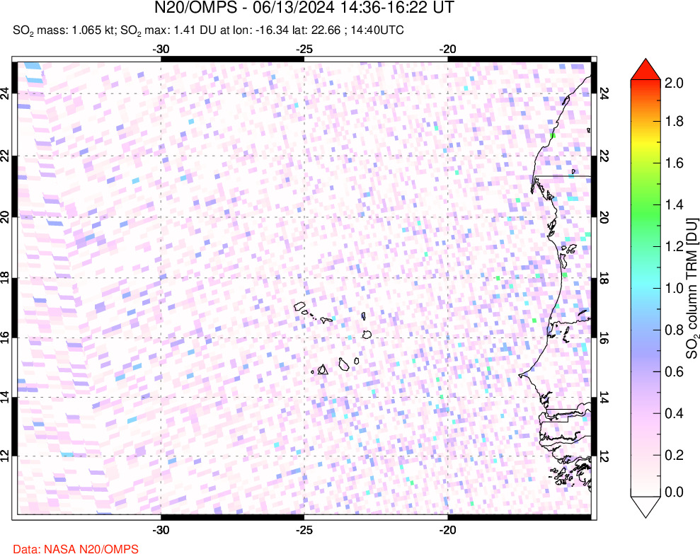 A sulfur dioxide image over Cape Verde Islands on Jun 13, 2024.