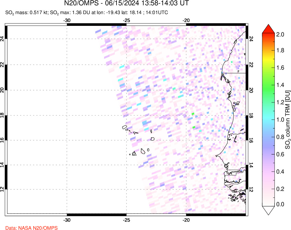 A sulfur dioxide image over Cape Verde Islands on Jun 15, 2024.