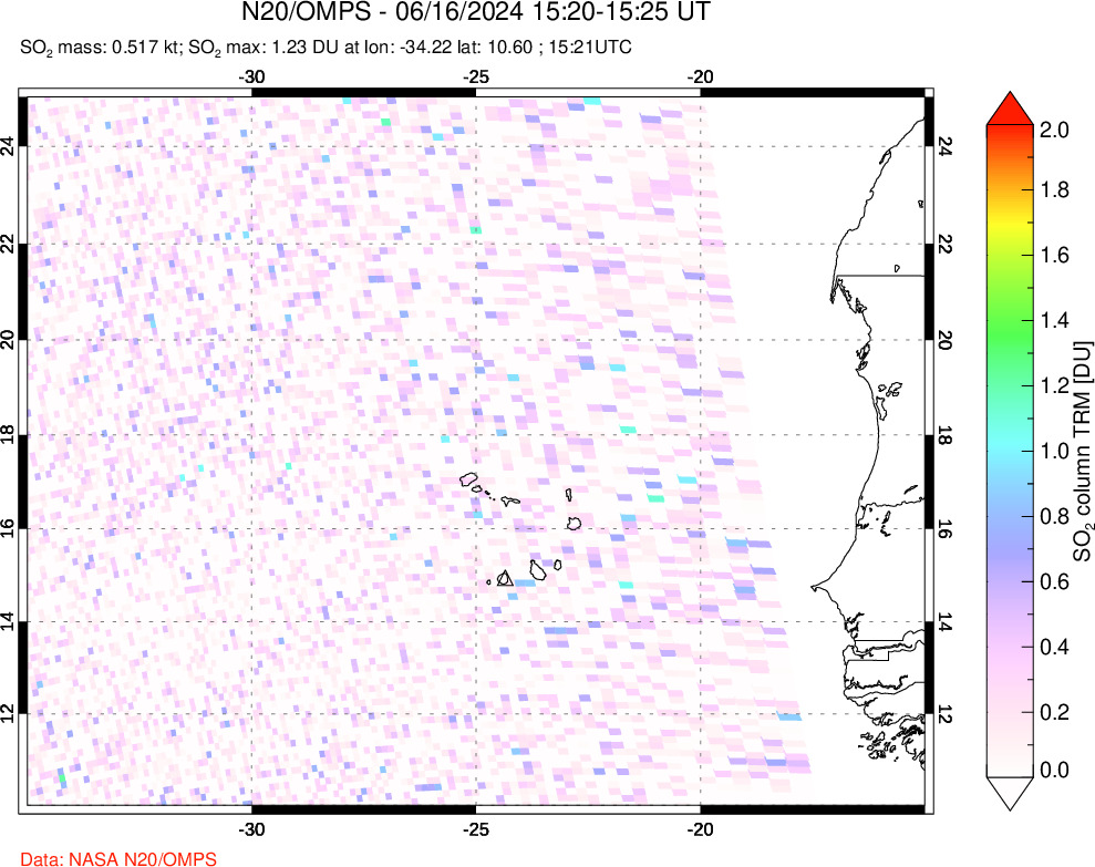 A sulfur dioxide image over Cape Verde Islands on Jun 16, 2024.