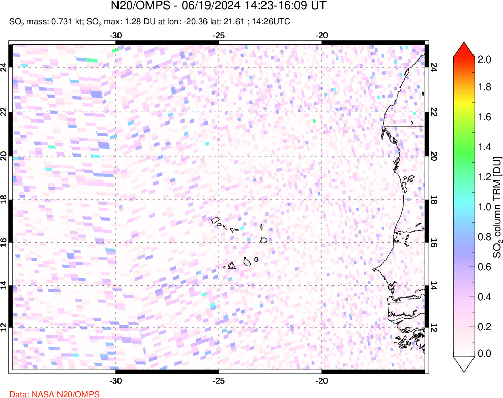 A sulfur dioxide image over Cape Verde Islands on Jun 19, 2024.