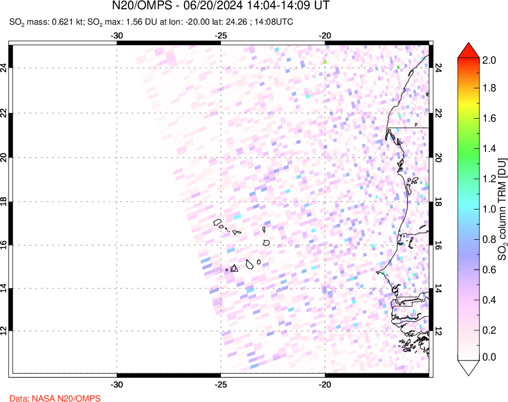 A sulfur dioxide image over Cape Verde Islands on Jun 20, 2024.