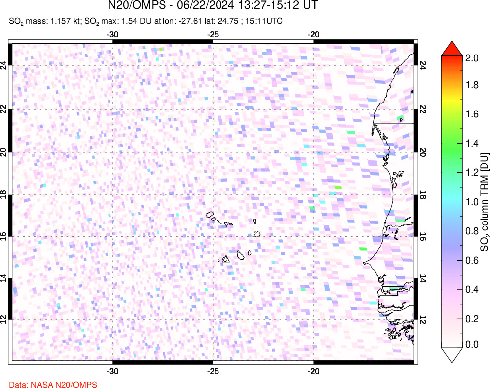 A sulfur dioxide image over Cape Verde Islands on Jun 22, 2024.