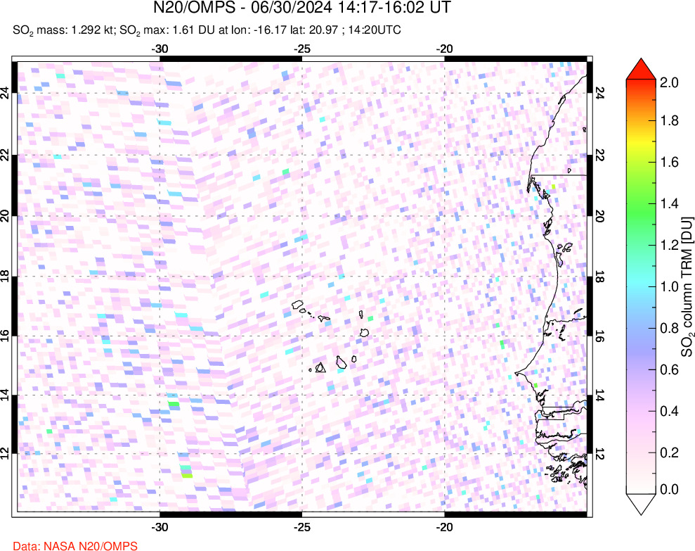 A sulfur dioxide image over Cape Verde Islands on Jun 30, 2024.