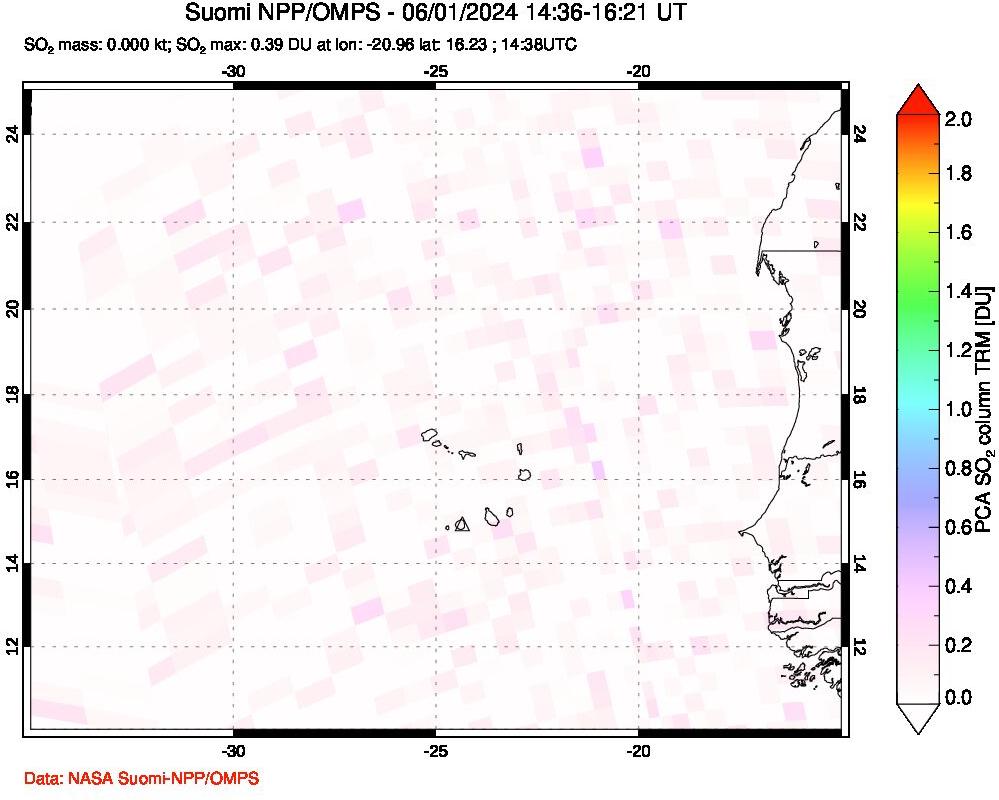 A sulfur dioxide image over Cape Verde Islands on Jun 01, 2024.