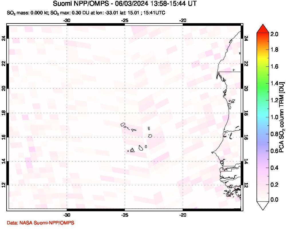 A sulfur dioxide image over Cape Verde Islands on Jun 03, 2024.