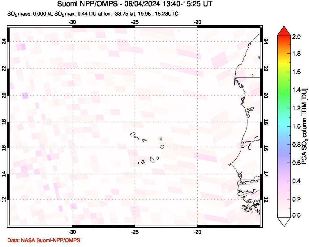 A sulfur dioxide image over Cape Verde Islands on Jun 04, 2024.