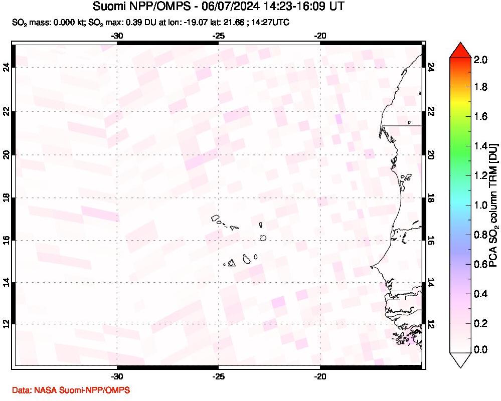 A sulfur dioxide image over Cape Verde Islands on Jun 07, 2024.