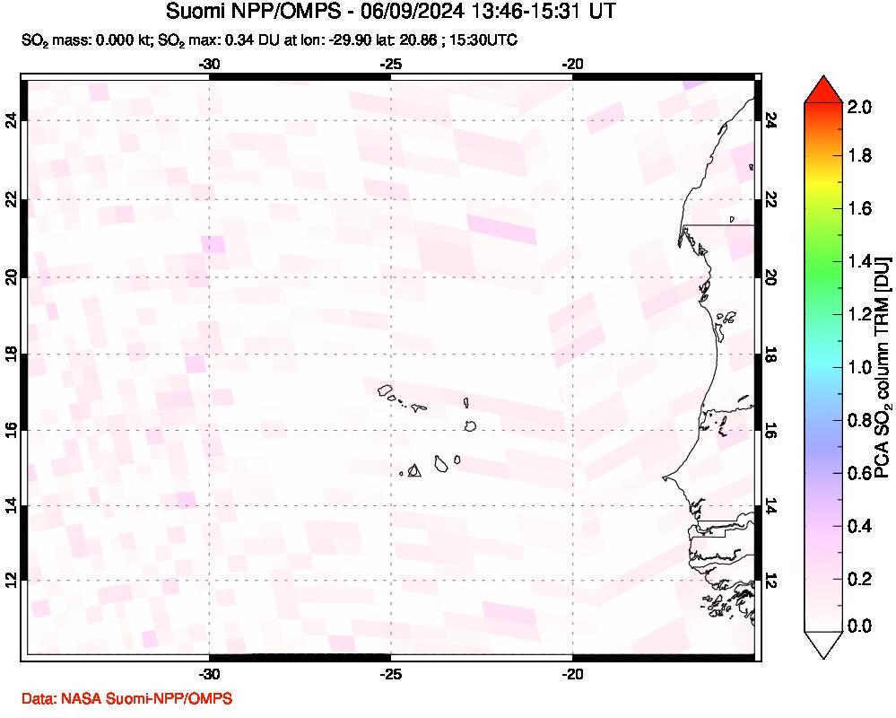 A sulfur dioxide image over Cape Verde Islands on Jun 09, 2024.