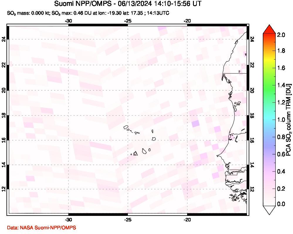 A sulfur dioxide image over Cape Verde Islands on Jun 13, 2024.