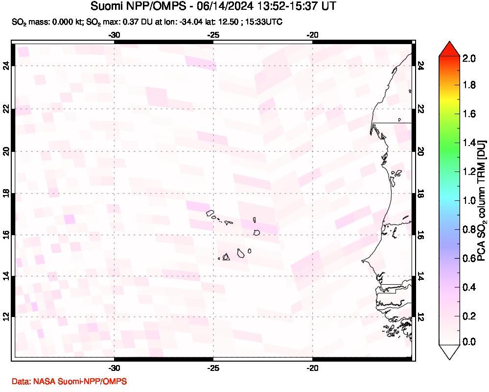 A sulfur dioxide image over Cape Verde Islands on Jun 14, 2024.