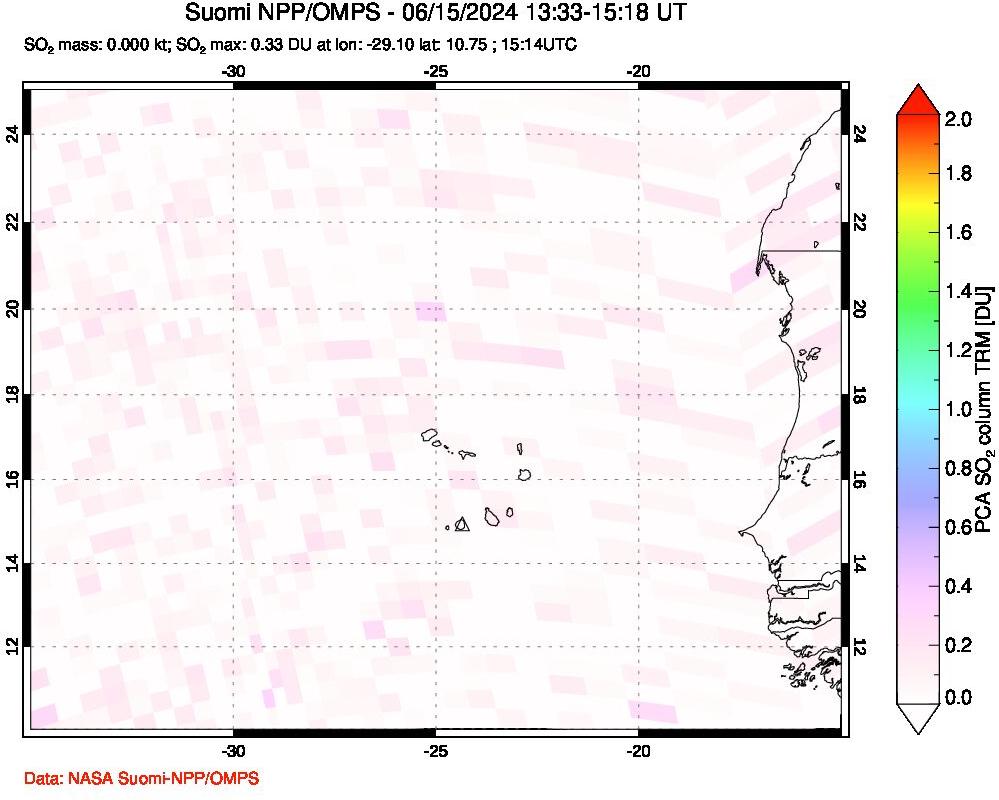 A sulfur dioxide image over Cape Verde Islands on Jun 15, 2024.