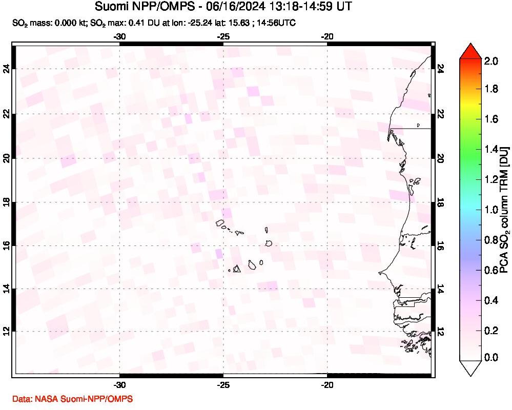 A sulfur dioxide image over Cape Verde Islands on Jun 16, 2024.