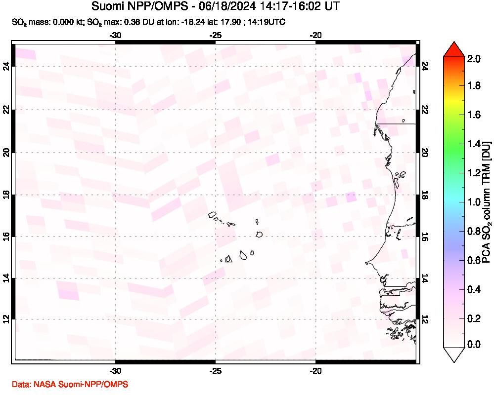 A sulfur dioxide image over Cape Verde Islands on Jun 18, 2024.