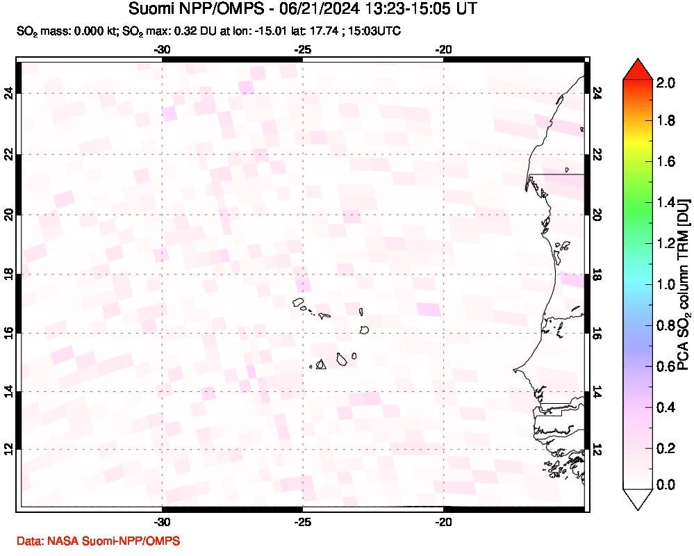 A sulfur dioxide image over Cape Verde Islands on Jun 21, 2024.