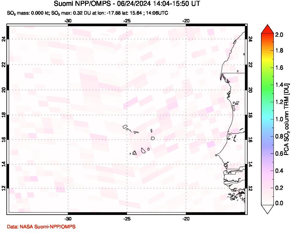 A sulfur dioxide image over Cape Verde Islands on Jun 24, 2024.