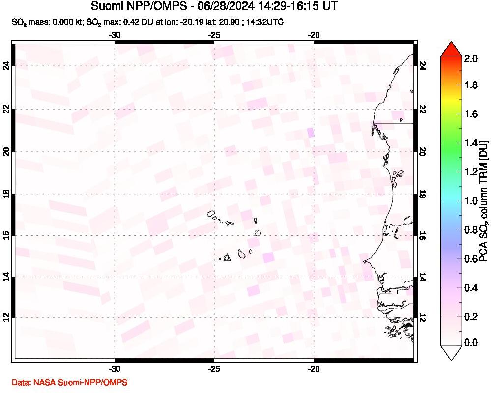 A sulfur dioxide image over Cape Verde Islands on Jun 28, 2024.