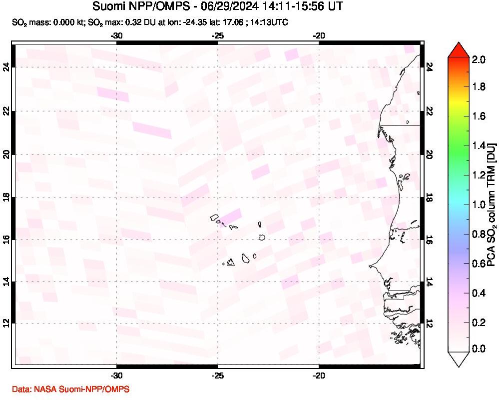 A sulfur dioxide image over Cape Verde Islands on Jun 29, 2024.