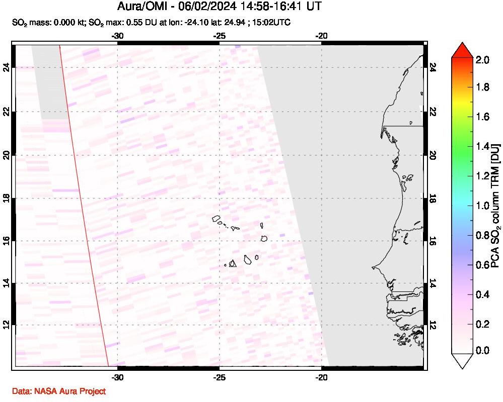 A sulfur dioxide image over Cape Verde Islands on Jun 02, 2024.