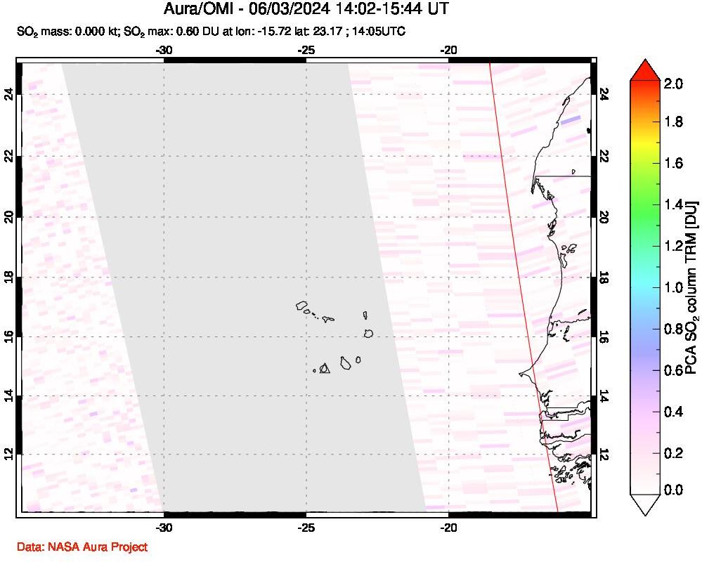 A sulfur dioxide image over Cape Verde Islands on Jun 03, 2024.