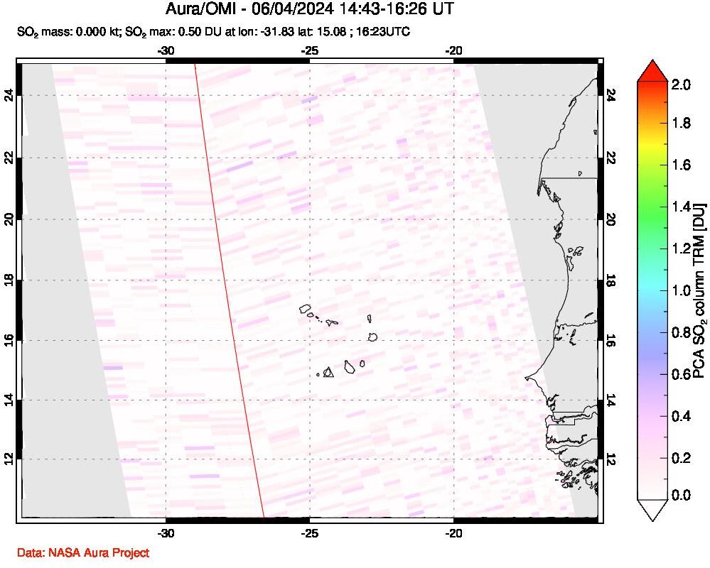 A sulfur dioxide image over Cape Verde Islands on Jun 04, 2024.