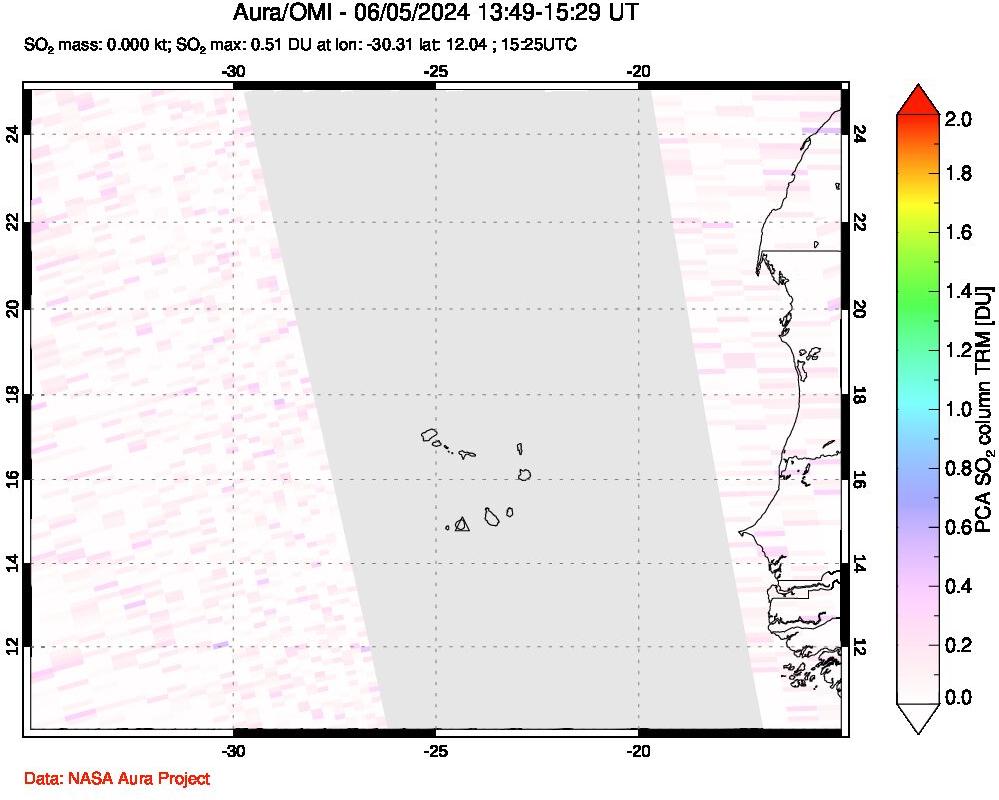 A sulfur dioxide image over Cape Verde Islands on Jun 05, 2024.