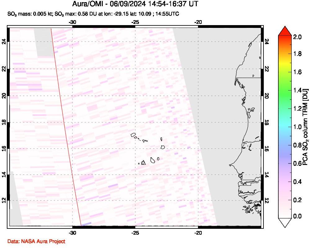 A sulfur dioxide image over Cape Verde Islands on Jun 09, 2024.