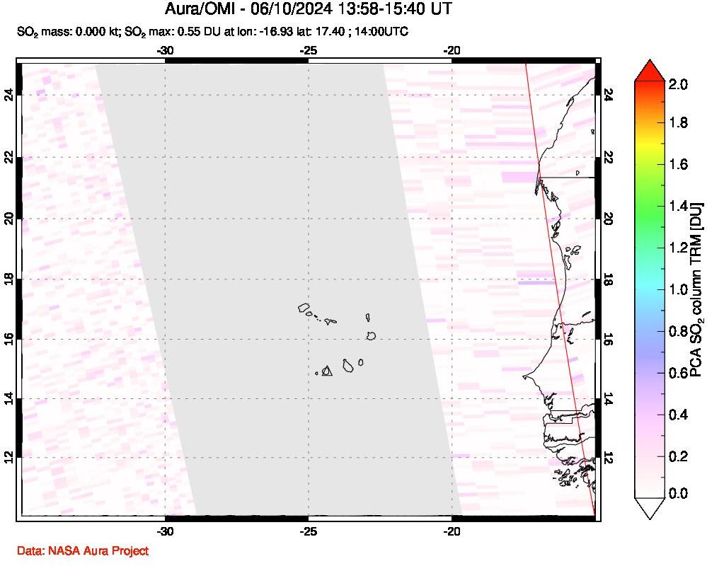 A sulfur dioxide image over Cape Verde Islands on Jun 10, 2024.