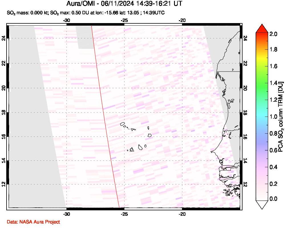 A sulfur dioxide image over Cape Verde Islands on Jun 11, 2024.