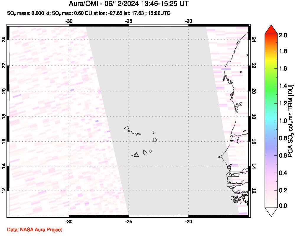 A sulfur dioxide image over Cape Verde Islands on Jun 12, 2024.