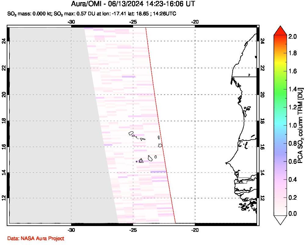 A sulfur dioxide image over Cape Verde Islands on Jun 13, 2024.