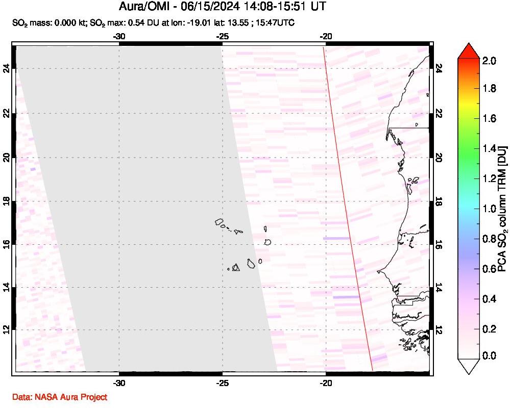 A sulfur dioxide image over Cape Verde Islands on Jun 15, 2024.