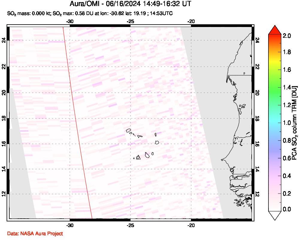 A sulfur dioxide image over Cape Verde Islands on Jun 16, 2024.