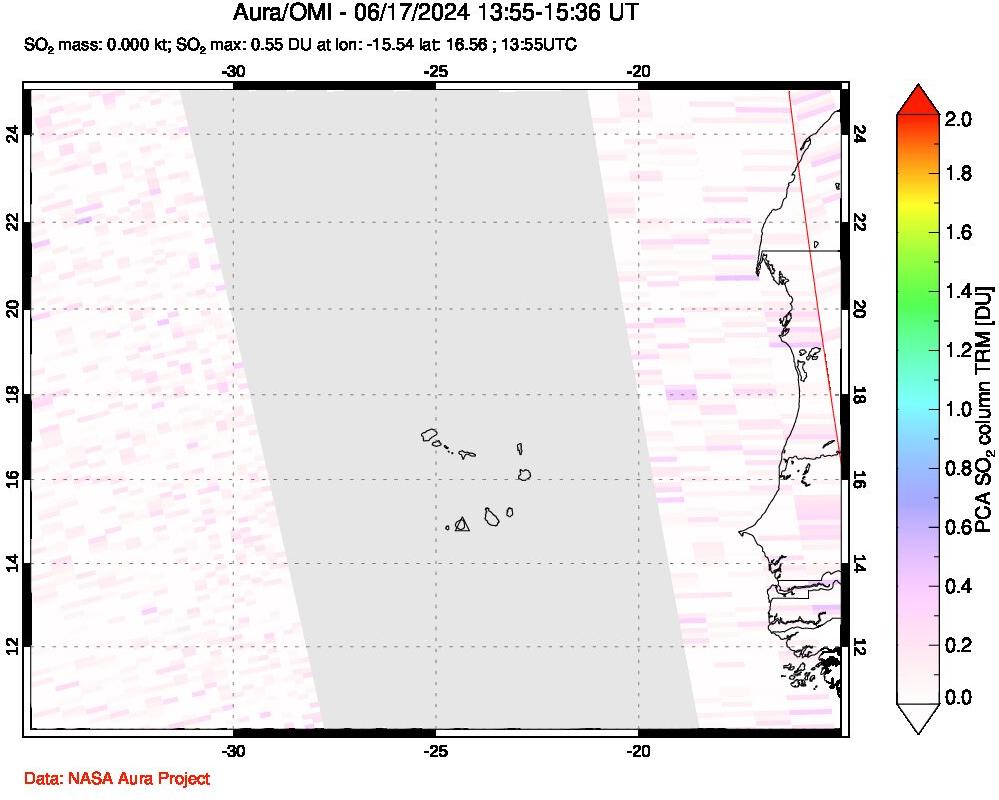 A sulfur dioxide image over Cape Verde Islands on Jun 17, 2024.