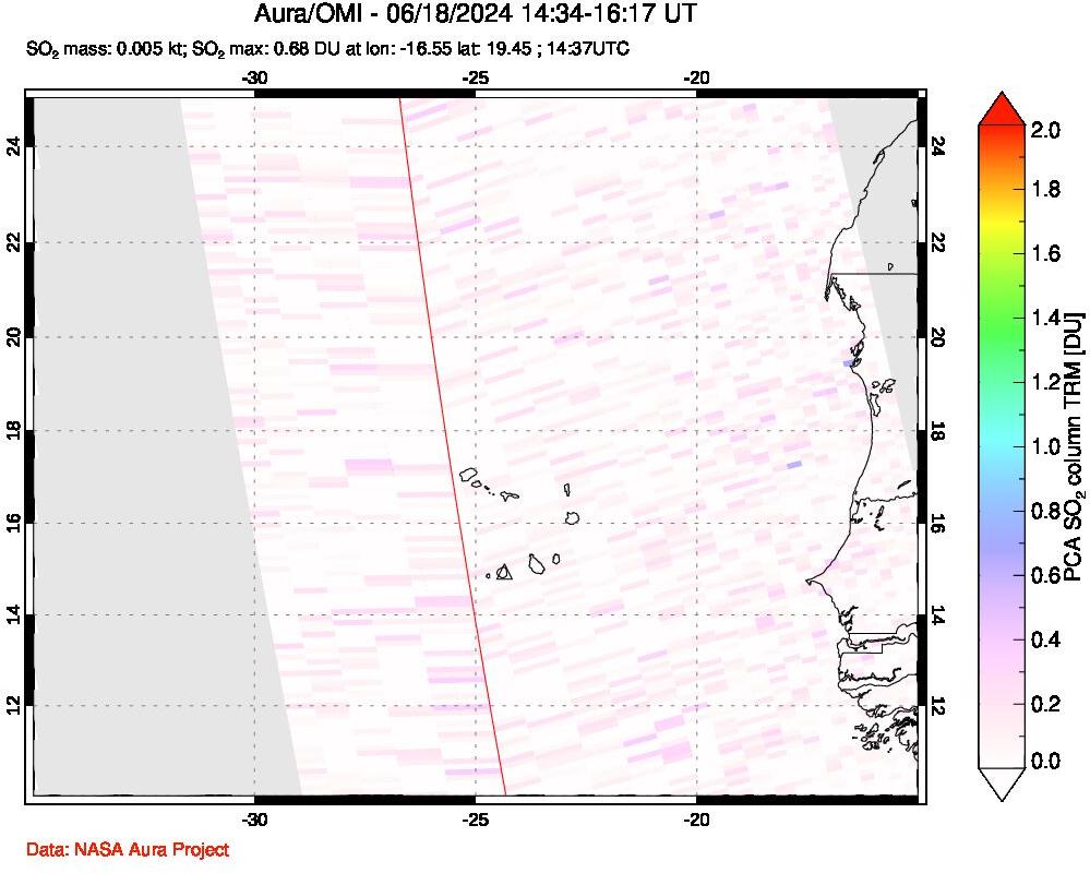 A sulfur dioxide image over Cape Verde Islands on Jun 18, 2024.