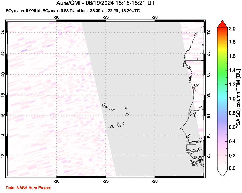 A sulfur dioxide image over Cape Verde Islands on Jun 19, 2024.