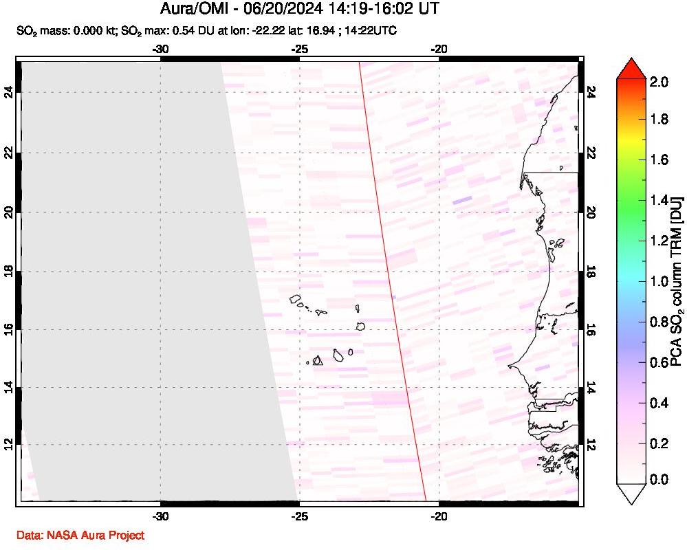 A sulfur dioxide image over Cape Verde Islands on Jun 20, 2024.