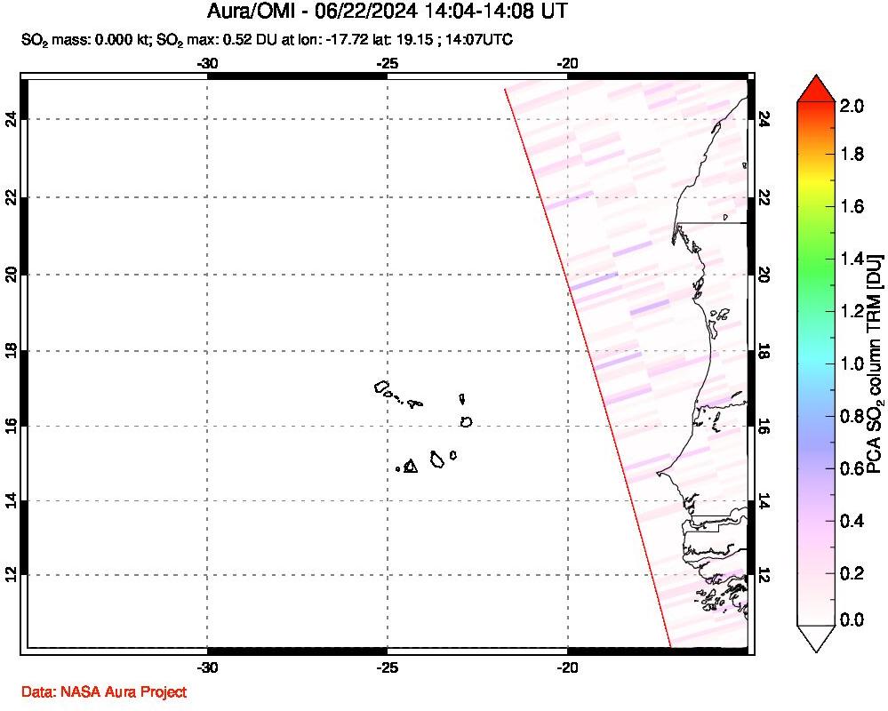 A sulfur dioxide image over Cape Verde Islands on Jun 22, 2024.