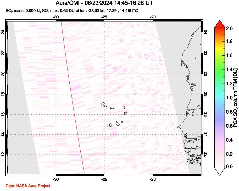 A sulfur dioxide image over Cape Verde Islands on Jun 23, 2024.