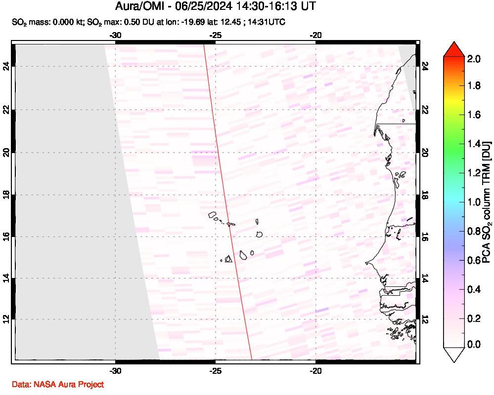 A sulfur dioxide image over Cape Verde Islands on Jun 25, 2024.