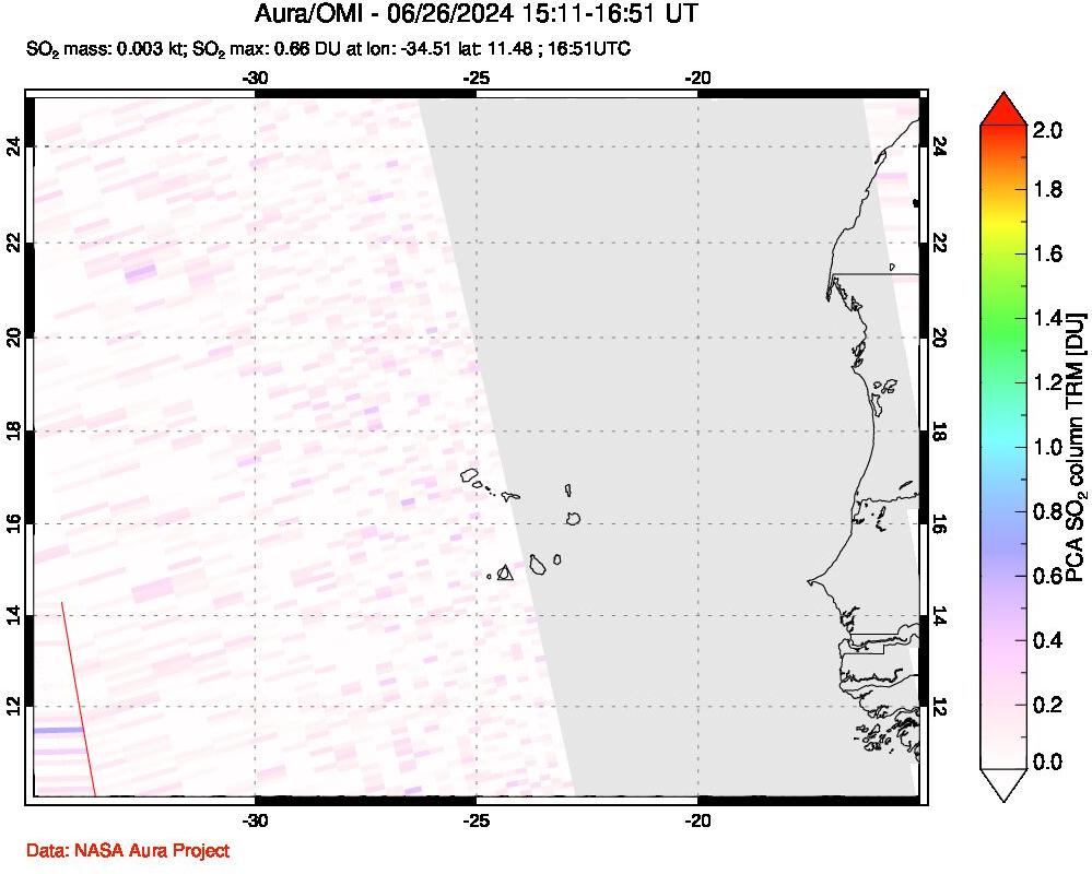 A sulfur dioxide image over Cape Verde Islands on Jun 26, 2024.