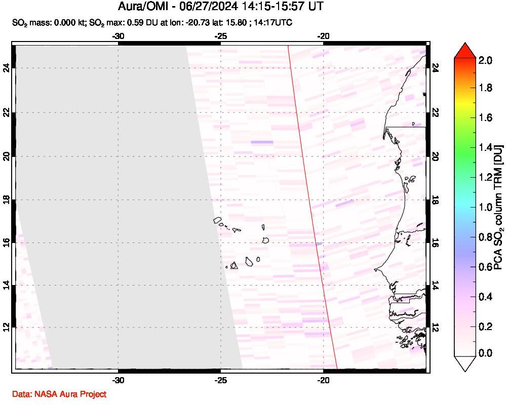 A sulfur dioxide image over Cape Verde Islands on Jun 27, 2024.